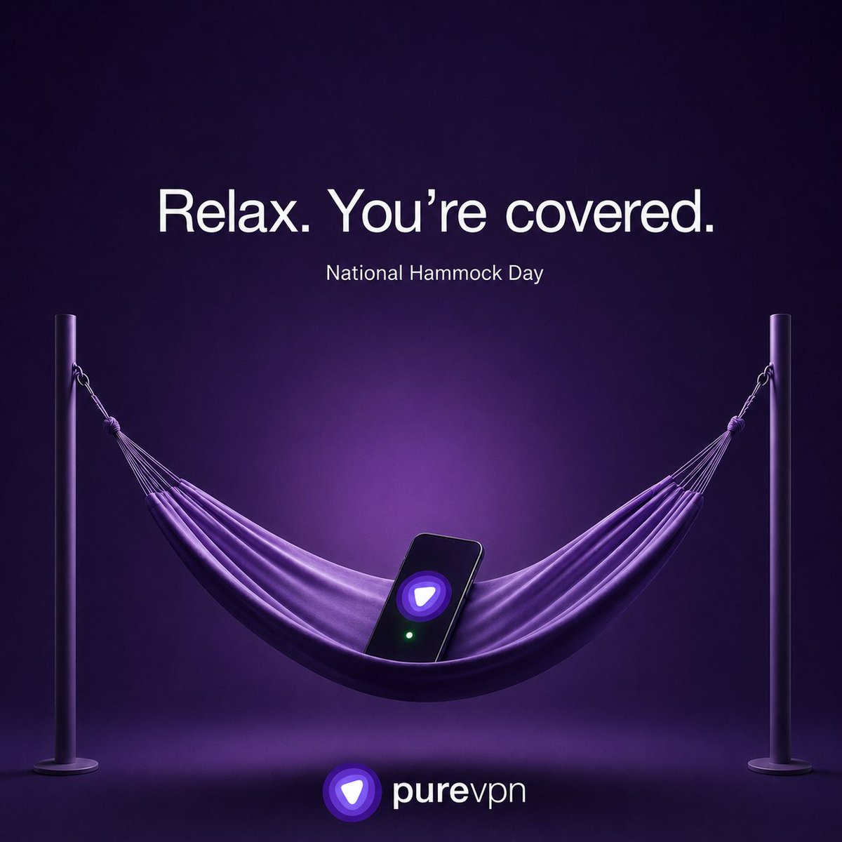 PureVPNcom's tweet photo. Your connection stays protected, even when you’re doing absolutely nothing. 😌

Happy #NationalHammockDay.  📅 https://t.co/IBuhQJafmt