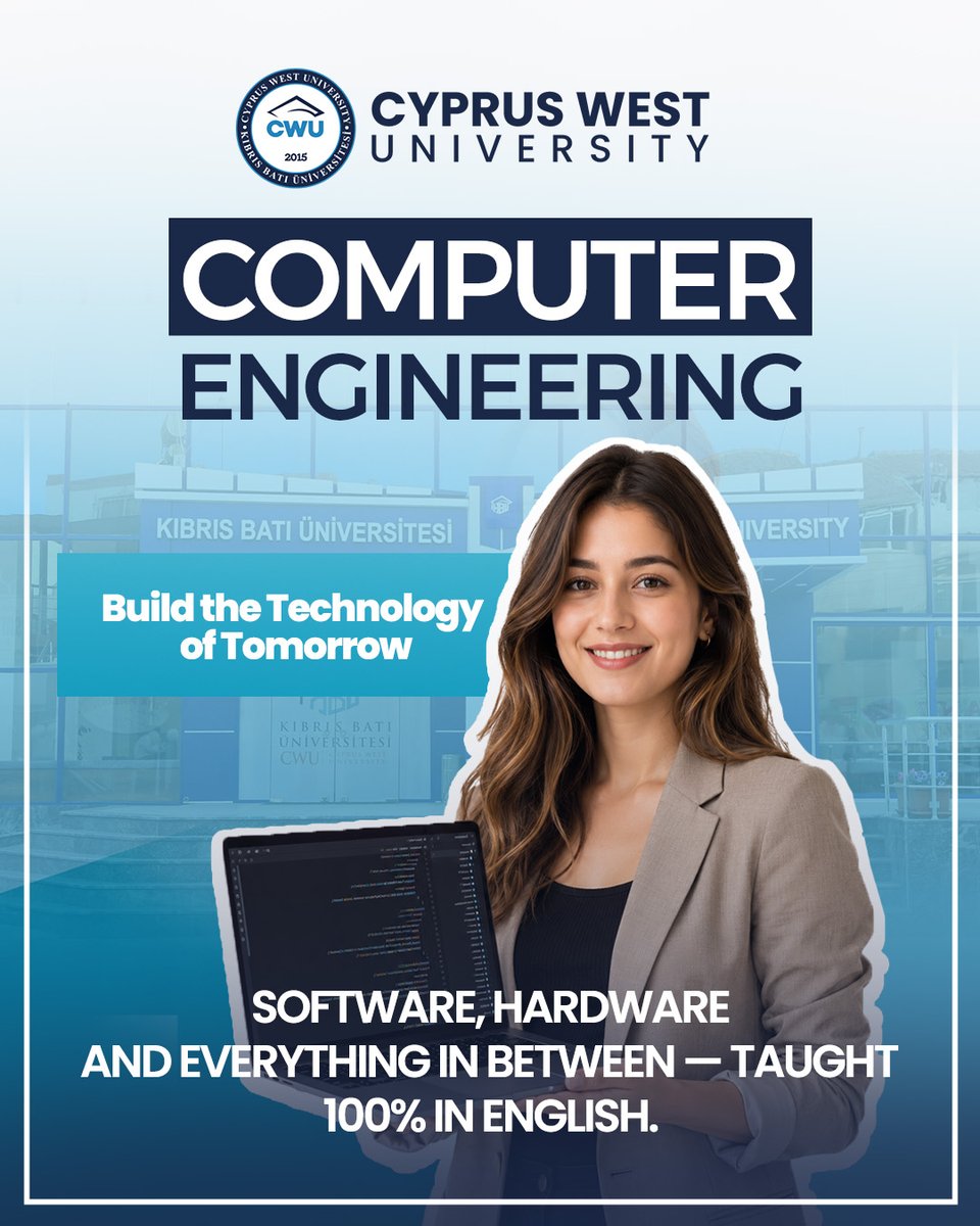 CWUOfficial's tweet photo. Turn your curiosity for technology into real-world skills. Our Computer Engineering program is taught 100% in English, welcoming students from around the globe. 💻🌍

Submit your application today and secure your place for the upcoming academic year.

🌐 https://t.co/0lKZCGjGf7
📧 international@cwu.edu.tr
📞 +90 (850) 303 00 14

📩 Apply now and take the next step toward your academic future.

#CyprusWestUniversity #ComputerEngineering #StudyInCyprus