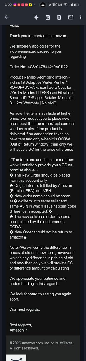 im_canopus's tweet photo. @AmazonHelp @amazonIN This is absolutely pathetic customer service. I ordered an Atomberg Intellion water purifier on July 4 during the Prime Day sale, with delivery promised by July 10. It is now July 22, and I still have neither the product nor a reliable update. 🧵 https://t.co/LgQ20uIkaO