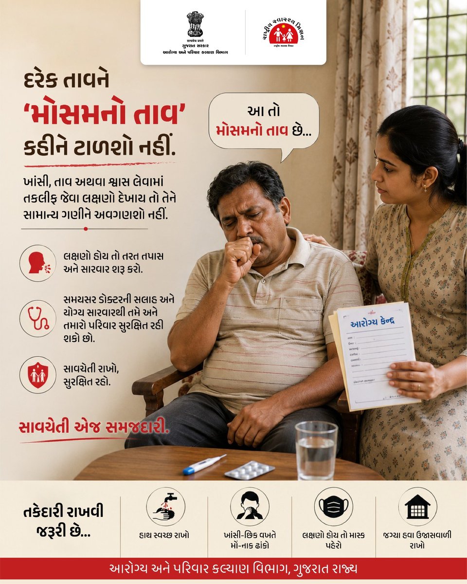 HealthDeptGuj's tweet photo. ‘મોસમનો તાવ’ સમજીને રાહ ન જુઓ.

ખાંસી, તાવ કે શ્વાસ લેવામાં તકલીફ હોય તો તરત તપાસ કરાવો. સમયસર સારવાર તમને અને તમારા પરિવારને સુરક્ષિત રાખે છે.

સાવચેતી એ જ સમજદારી.

#AarogyaGujarat #FeverAwareness #StayHealthy #PublicHealth #SwasthGujarat https://t.co/I7UFuwjHB7