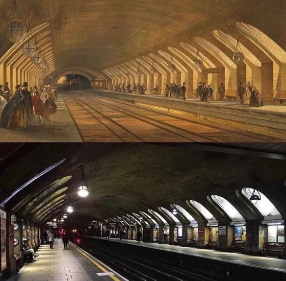 historyinmemes's tweet photo. The world’s oldest underground station, Baker Street, photographed 160 years apart.

Baker Street station opened on January 10, 1863, as part of the Metropolitan Railway, making it the world’s oldest underground railway station still in operation. It was constructed using the “cut-and-cover” method, where workers dug a trench, built the railway, and then restored the street above it. In its early decades, steam locomotives filled the tunnels with smoke before the network gradually transitioned to electric trains in the early 20th century. The Victorian illustration shows Baker Street shortly after opening, while the modern photograph reveals that many of its iconic brick arches and vaulted roof have remained largely unchanged for more than 160 years.

Today, Baker Street is one of London’s busiest and most historic transport hubs, serving five London Underground lines and millions of passengers every year. Despite multiple renovations and expansions, much of its original Victorian architecture has been carefully preserved, allowing visitors to experience a station that has linked generations of Londoners across three centuries. It remains one of the few examples of Victorian railway engineering still serving the same purpose it was designed for in the 19th century.