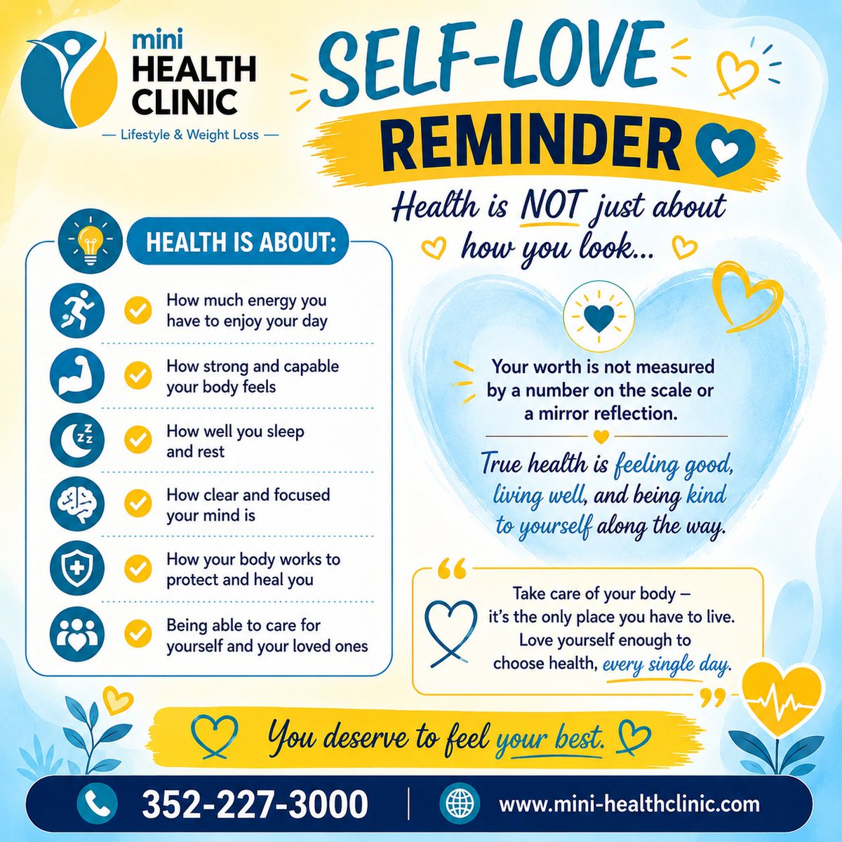 MorganKemeisha's tweet photo. ✨ Self-love starts with choosing your health. Every healthy choice you make today is an investment in a stronger, happier tomorrow. Because true wellness is about how you feel—not just how you look. 💙

 Follow us or 𝐂𝐚𝐥𝐥 𝐮𝐬 𝐚𝐭 +𝟏 𝟑𝟓𝟐-𝟐𝟐𝟕-𝟑𝟎𝟎𝟎 https://t.co/UDtZXJguJk