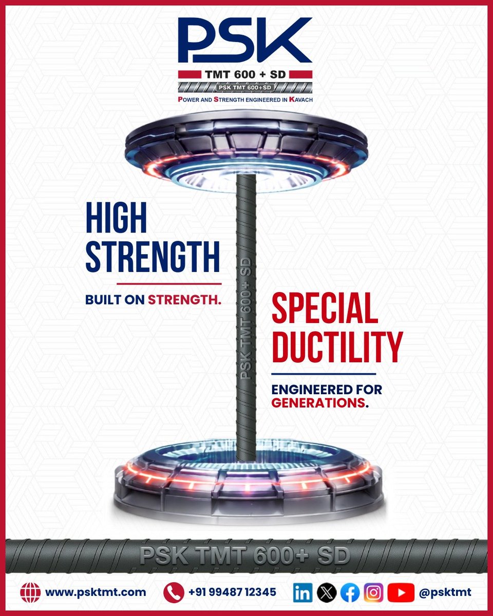 PSKTMT's tweet photo. Every iconic structure begins with the right steel. 🏗️ PSK TMT 600+ SD combines High Strength with Special Ductility to deliver superior performance and long-lasting durability.
Build with confidence. Build with PSK! 💪⚡
#PSKTMT #HighStrength #TMTBars https://t.co/eU5GPsyaDk