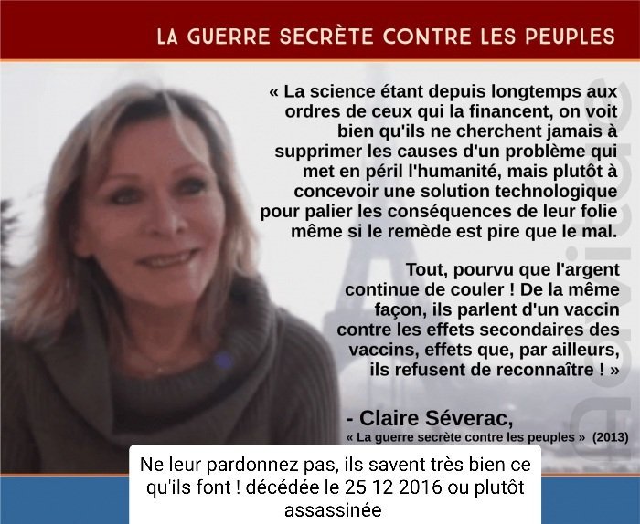 Novax1ever's tweet photo. @GreenSun017 @Renardpaty Cette femme avait bien compris dans quel monde dégueulasse nous vivons à cause d'une minorité de pourriture 😞 elle a essayé de nous avertir et en payé de sa vie RIP Claire Severac 🙏 https://t.co/dY26iRFP6Y