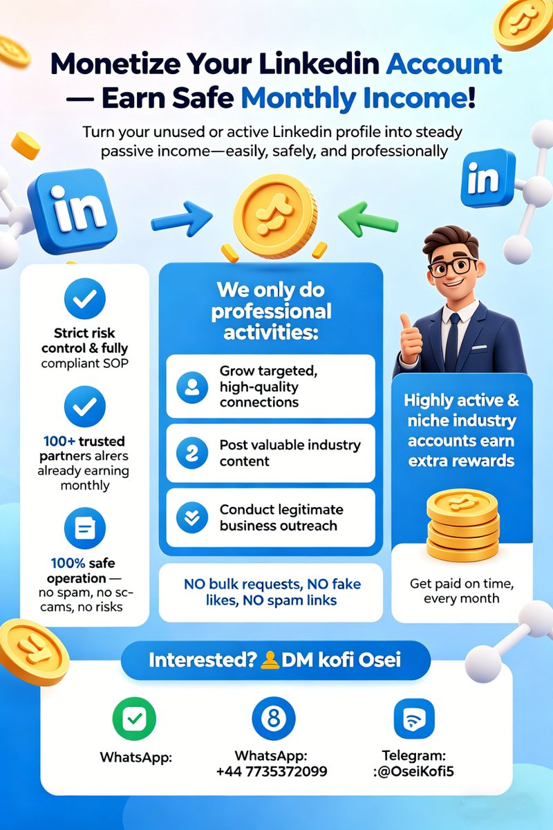 Limex001's tweet photo. Don't let your idle LinkedIn account go to waste! 🥳
Earn $40–$80 in passive "pocket money" every month. 💸
You're eligible to partner with us if your account is at least 1 year old, active, and has never been banned.
📱 WhatsApp: +33608324465
🌐 https://t.co/nJxwbVmutO 👈🏼 https://t.co/L9AjZpawbQ