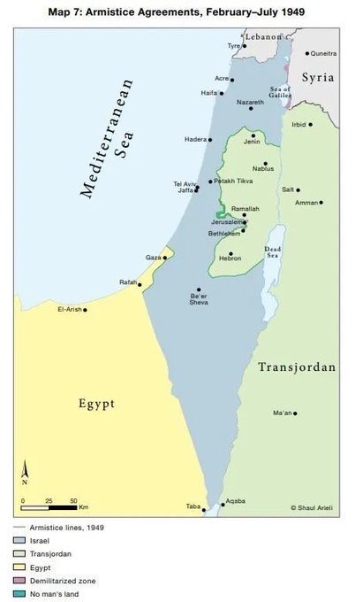 CptAllenHistory's tweet photo. These were the 1949 Armistice lines (the ‘67 borders’) from 1949–1967.

Jordan illegally annexed Judea & Samaria, renaming it the “West Bank.” Egypt controlled Gaza. No one tried to create ‘Palestine.’

As Golda Meir asked: “If the ‘67 borders’ are so holy, why was there war in 67? All these territories were in the hands of Arab countries.”