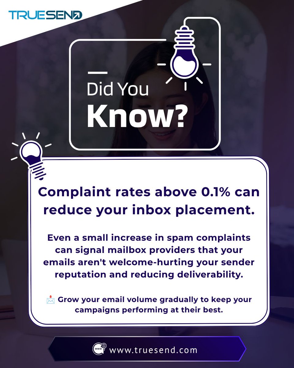 truesend's tweet photo. 💡 Did you know?
A complaint rate above 0.1% can hurt your inbox placement. Keep your list clean, send to engaged subscribers, and protect your sender reputation. 📩
#EmailMarketing #EmailDeliverability #InboxPlacement #SenderReputation #TrueSend #EmailTips https://t.co/tYsNJt1d1Z