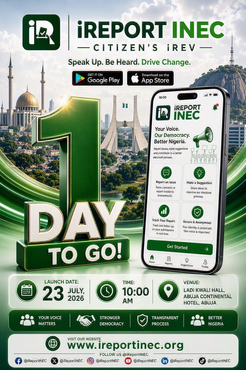 IReportINEC's tweet photo. 1 day to go to the official launch of IReportINEC🥳! We are ready for the 2027 elections. # freeandfairelections #accountability #nigeria #inec https://t.co/Kx3ieJ8xrD