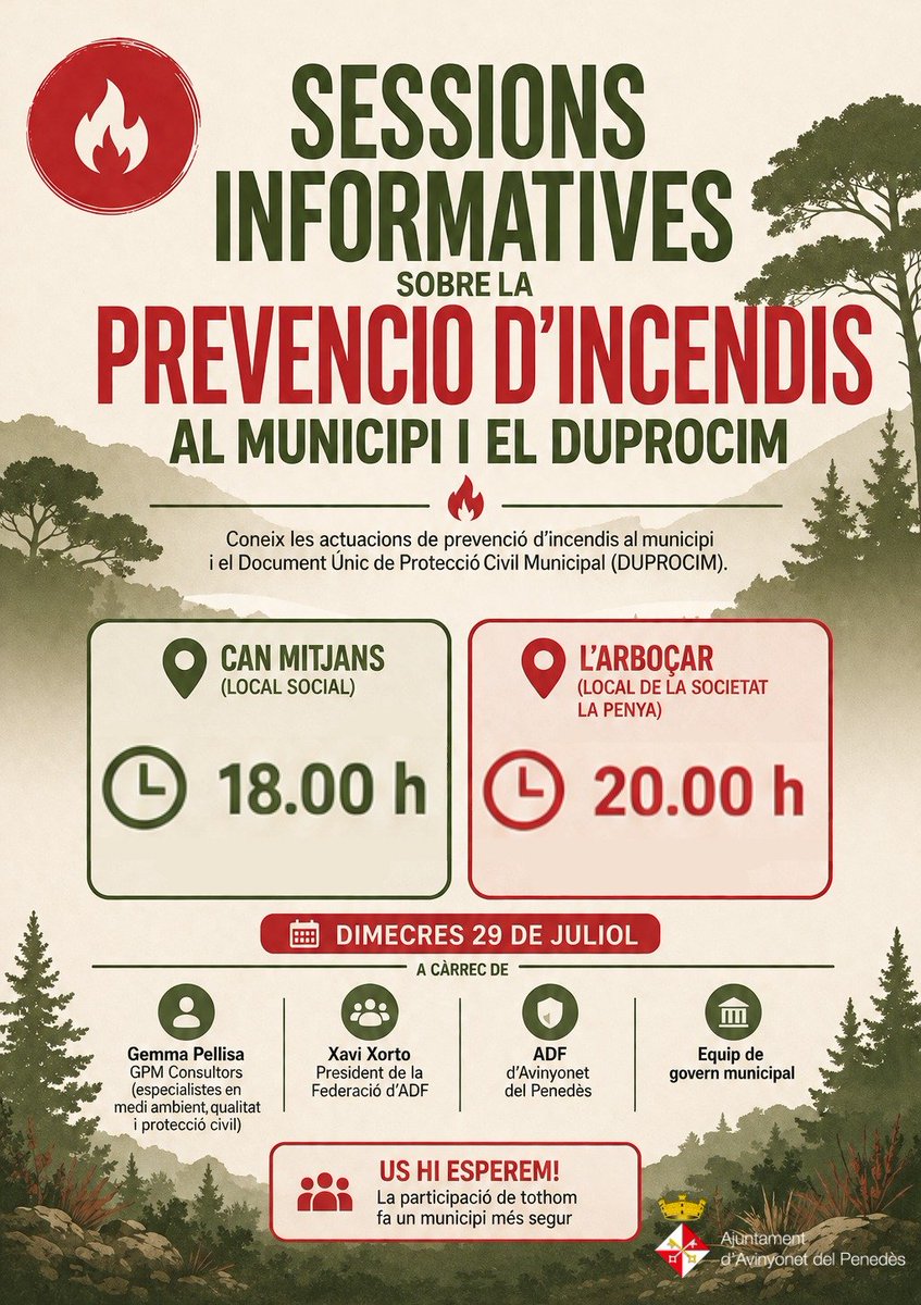 ajavinyonet's tweet photo. 🔥 Sessions informatives sobre prevenció d'incendis forestals i el DUPROCIM

La prevenció és la millor eina per protegir el nostre municipi.

📅 Dimecres 29 de juliol

📍 Can Mitjans
🕕 18:00 h
🏠 Local Social

📍 L'Arboçar
🕗 20:00 h
🏠 Local de la Societat La Penya https://t.co/wDYtA0Jo9u