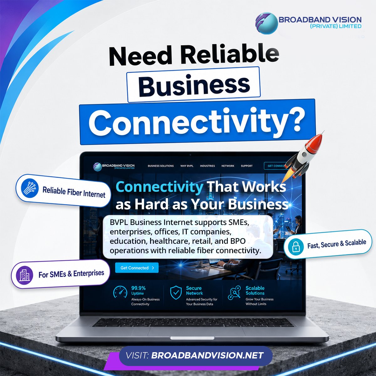 BVPL_Pk's tweet photo. Modern businesses need connectivity that supports meetings, cloud tools, customer service, daily operations, and team collaboration without interruption. 

BVPL Business Internet is built to keep SMEs and enterprises moving forward.

#BroadbandVision #SMEConnectivity https://t.co/z7VJM6omVS