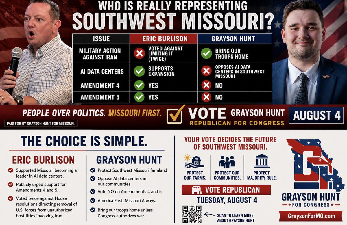 graysonbhunt's tweet photo. The choice is contrasting and simple.
Please share and do your civic duty of getting out and VOTING! These amendments, positions, all MATTER!
#VOTEAUG4 #MO7 #ELECTION2026 #FIREBURLISON! https://t.co/TJmS0yjlRD