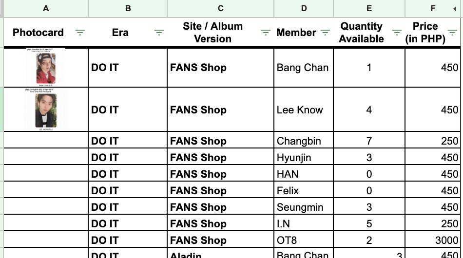 apricot_updates's tweet photo. If anyone interested on my onhand items, I'll be updating this sheet.

I just started this so not a lot yet. You can already claim via DM.

Link: https://t.co/JMquqQgOia

🏷️ Stray Kids SKZ PC Photocard OT8 Bang Chan Lee Know Changbin Hyunjin HAN Felix Seungmin IN sell 양도 스키즈 https://t.co/ltDDcIcCHK