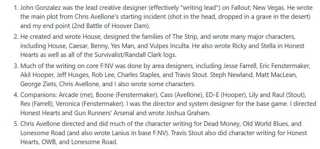 RazorwireRPG's tweet photo. Always found this "Who Wrote What" explainer from JE Sawyer really interesting. Really hoping a lot of these people will still be involved with the new Fallout game. https://t.co/NFS1ml5Heo