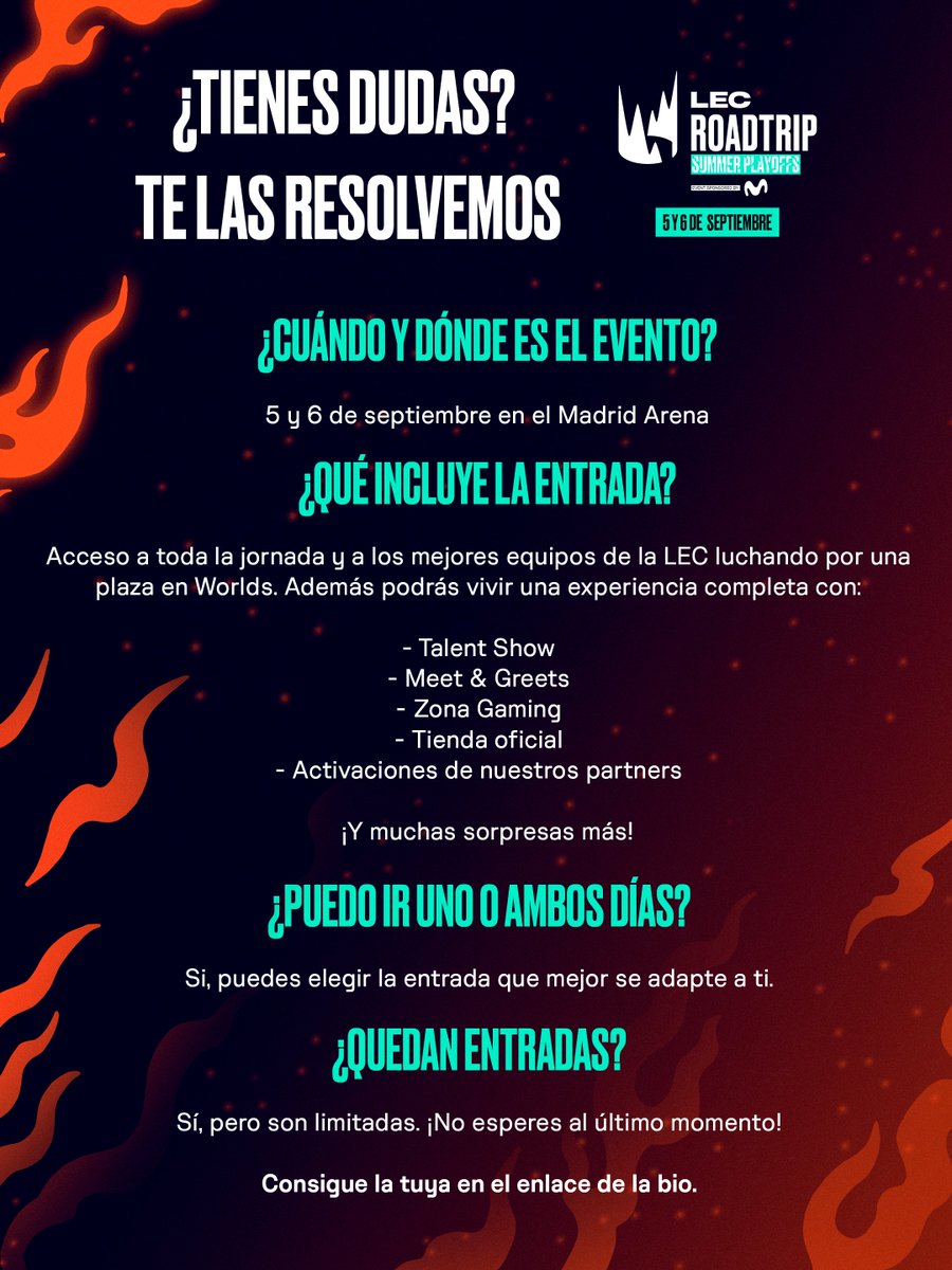 MovistarKOI's tweet photo. Aquí os resolvemos algunas de las dudas más frecuentes sobre el LEC Roadtrip de verano. ⬇️ https://t.co/8KCxCSR530