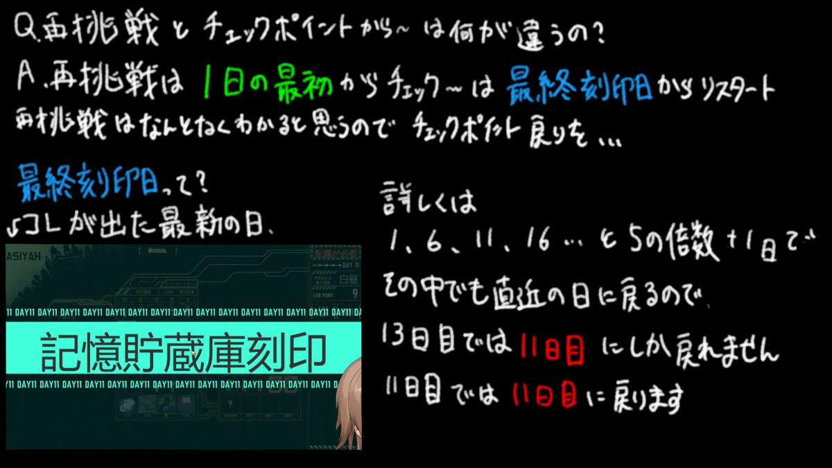 910_st's tweet photo. ロボトミーチュートリアルで全然説明してくれないチェックポイント戻りのお話。
一日目に戻るも大体チェックポイント戻りと同じものが引き継げます https://t.co/Kl0AlAUDnB