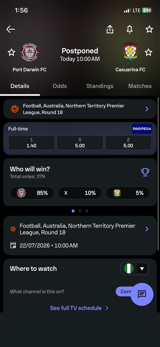 babacliff01's tweet photo. @SportyBetNG When will you guys settle this port Darwin vs casuarina match as void the game has been postponed https://t.co/4bVOxodOe9