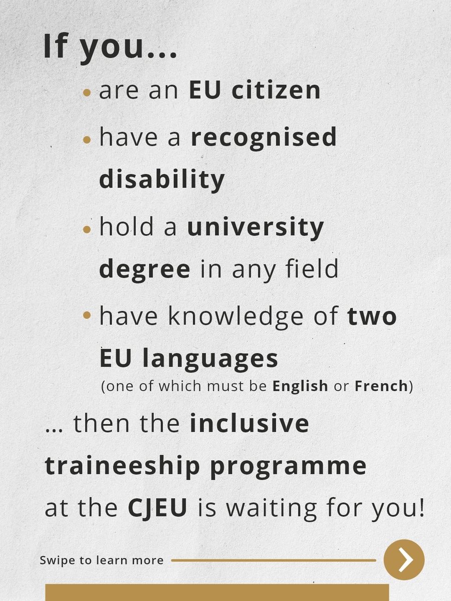 EUCourtPress's tweet photo. ℹ️ Did you know that the #CJEU offers an inclusive traineeship?

Up to two paid traineeships are available for the session starting 1 March 2027, specifically for candidates with a recognised disability. 💡

🔹 5 months
🔹 Higher monthly grant
🔹 Open to graduates in any field https://t.co/bmkkgphdpc