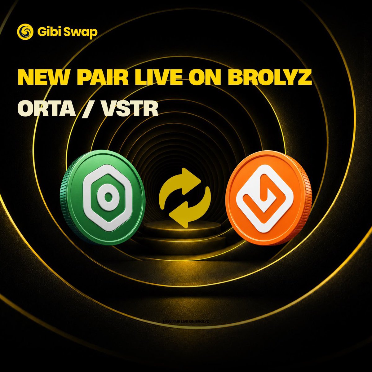 GibiSwap's tweet photo. Another trading pair is now live on Brolyz.

ORTA/VSTR expands the trading experience powered by Gibi Swap infrastructure.

More assets.
More liquidity.
Same seamless experience. https://t.co/PR0ziEkqPd