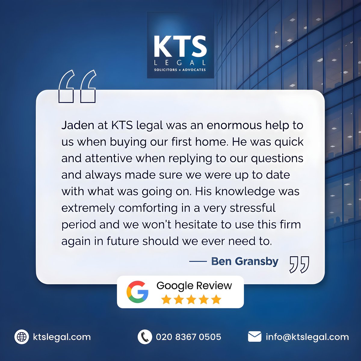 ktslegal's tweet photo. ๐กโญโญโญโญโญ
Buying your first home doesn't have to be stressful.
Thank you, Ben, for trusting Jaden and the #KTSLegal team. We're proud to provide responsive, reliable legal support every step of the way.
๐02083670505
๐https://t.co/sIUMl803r4
#Conveyancing #ClientReview https://t.co/qTt3fCcA2v