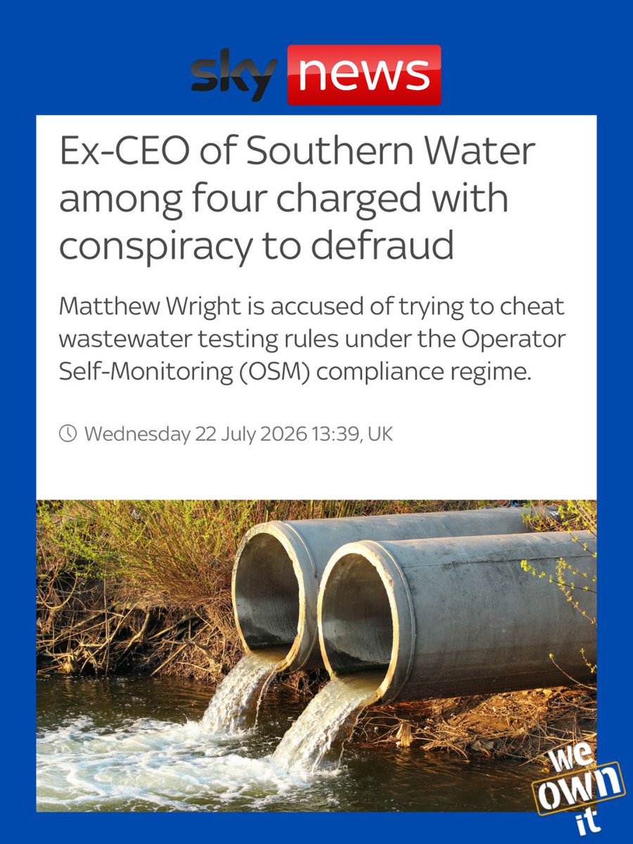 We_OwnIt's tweet photo. 🚨BREAKING: Ex-Southern Water CEO charged with FRAUD for allegedly manipulating wastewater tests before discharges into our rivers

This doesn't happen if they worked for us, not shareholders

Sign our letter to @DefraGovUK Secretary @angelaeagle to take Thames Water into public hands: https://t.co/WDcfuVkMs1