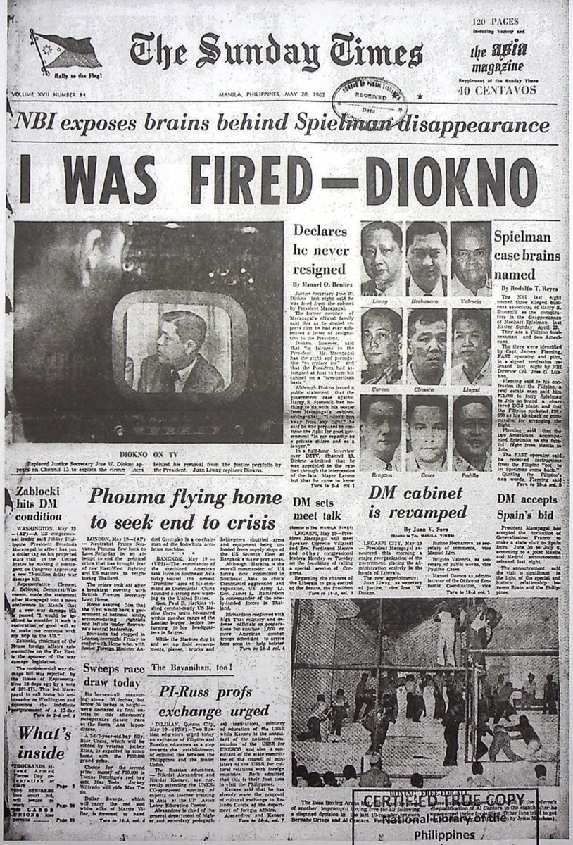 ChelDiokno's tweet photo. May mga headline na hanggang ngayon, may itinuturo pa rin sa atin.

Tingnan niyo itong dyaryo mula 1962. Kasagsagan noon ng Stonehill case, isa sa pinakamalalaking corruption scandals sa kasaysayan ng Pilipinas.

Para sa mga hindi pa pamilyar sa kuwento, si Harry Stonehill ay isang American businessman na nagtayo ng malaking business empire sa bansa. Kalaunan, inimbestigahan siya dahil sa mga alegasyon ng bribery, tax evasion, at corruption.

Ang aking ama, si Jose W. Diokno, ang Secretary of Justice noon. Siya ang nag-utos ng raid sa opisina ni Stonehill. Doon nakuha ang tinatawag na Blue Book, na sinasabing naglalaman ng mga pangalan at records ng mga matataas na opisyal na umano’y tumanggap ng suhol mula sa kanya.

Gusto ng aking ama na magkaroon ng full trial si Stonehill dito sa Pilipinas. Dapat ilabas ang lahat ng ebidensya, marinig nang buo ang kaso, at papanagutin ang sinumang mapapatunayang sangkot.

Pero natalo ang ama ko. Sa halip na litisin, ipina-deport lang si Stonehill.

Pagkaraan nito, nagulat ang aking ama nang mabasa sa mga dyaryo na nag-resign daw siya bilang Secretary of Justice.

Sa article na ito, nilinaw niya ang totoong nangyari: hindi siya nag-resign. Sinibak siya sa puwesto.

Kinilala ng ilang historian ang Stonehill case bilang isa sa pinakamalalaking cover-up sa kasaysayan ng bansa. Isang pagkakataon sana para lumabas ang buong katotohanan, pero nauwi sa pagtatakip at pag-iwas sa accountability.

Hahayaan ba natin itong maulit muli?

P.S. Kung may kopya kayo ng iba pang dyaryong nagbalita tungkol dito, pakisend sa akin. Gusto kong basahin. 😊