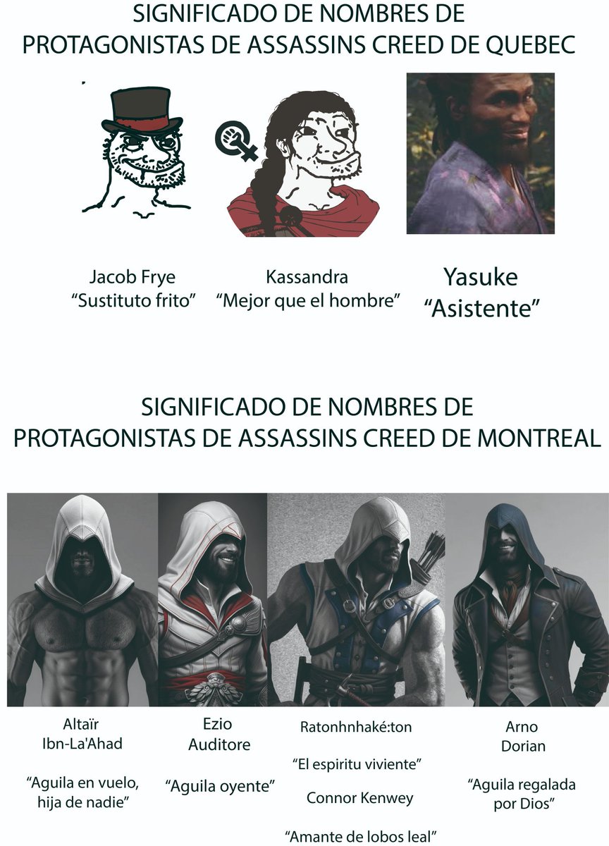 LibezWolf's tweet photo. Montreal con su protagonista más flojo: ponle Eivor Varinsdottir que significa "regalo afortunado, hija del defensor" 😎👍

Quebec con su personaje más querido: se llama Evie Frye, osea "vida frita" :D https://t.co/CTpJZic9SY