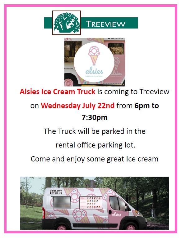 TreeviewApts's tweet photo. TODAYJuly 22nd from 6 to 7:30pm. Alsies Ice Cream Truck will be at Treeview, come and get some great ice cream. https://t.co/qFrmPKOkpK