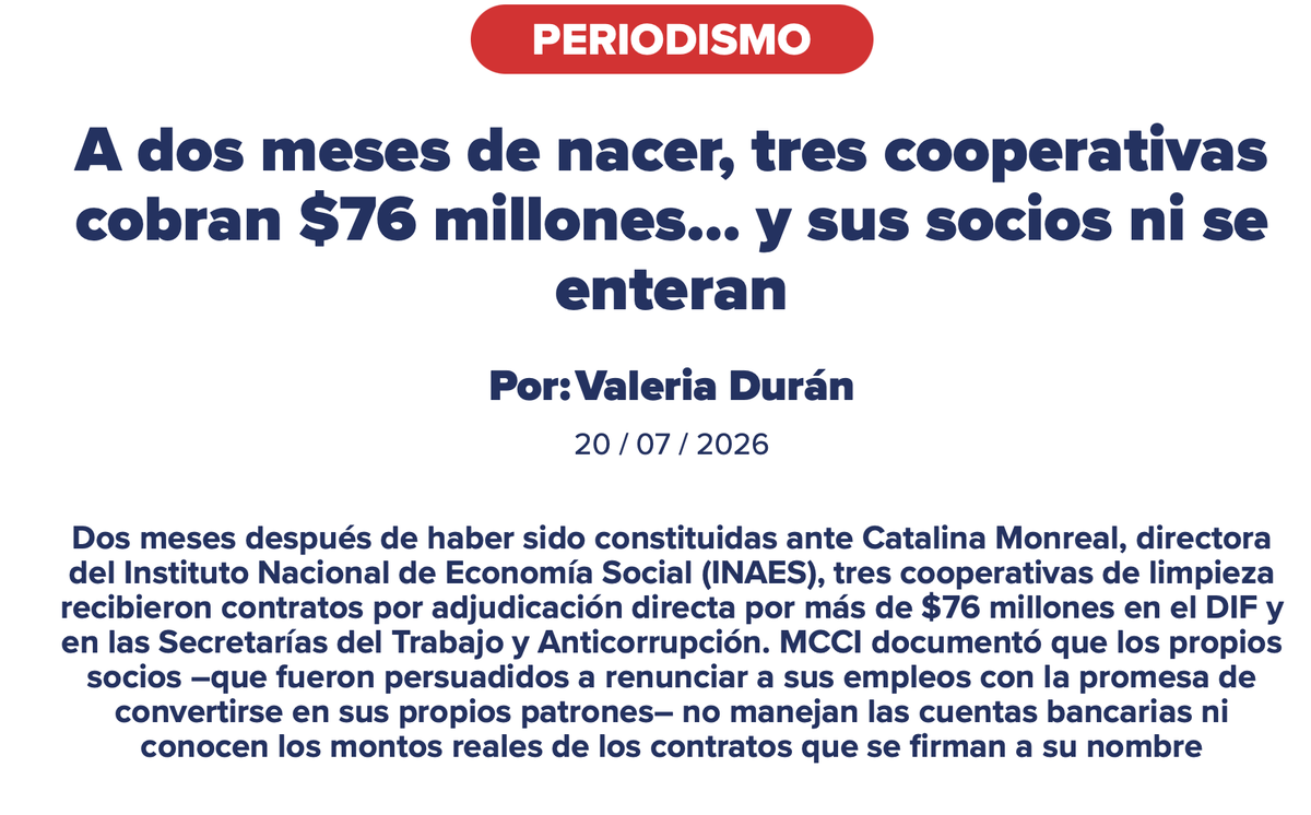 CarlosTorresF_'s tweet photo. 🚨 Frente a @catymonreal_ crearon 3 empresas que recibieron 76 mdp del DIF y de la Secretaría del Trabajo y de la Secretaría Anticorrupción.

De acuerdo a @MXvsCORRUPCION, dos meses después de haber sido constituidas ante Catalina Monreal, directora del Instituto Nacional de Economía Social (INAES), tres cooperativas de limpieza recibieron contratos por adjudicación directa por más de $76 millones en el DIF y en las Secretarías del Trabajo y Anticorrupción. 

Lo peor es que los socios de esas empresas ni se enteraron lo que les adjudicaron.

Nota: https://t.co/z0pdmidSTh