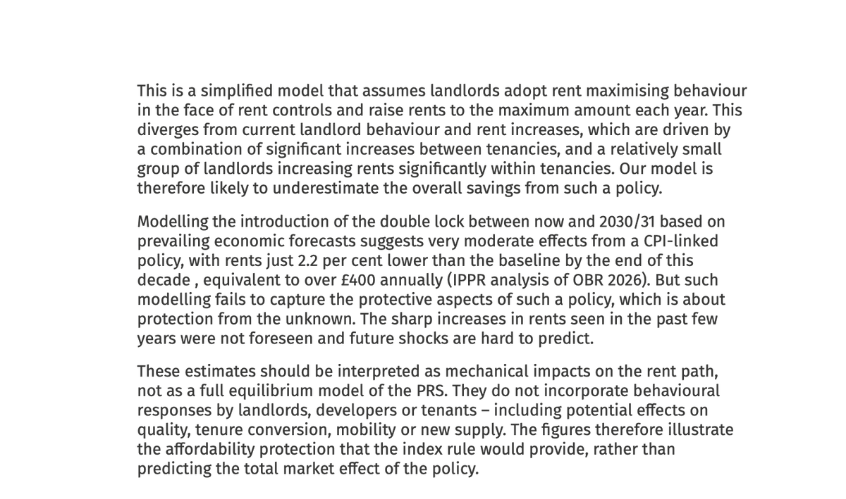 s8mb's tweet photo. The 'modelling' of this report doesn't do anything except chart what rents would be if they'd been capped and there had been no supply response at all from, eg, landlords selling to flee the market. How is this publishable as a 42 page research paper? https://t.co/Ws9hNCN0Ua