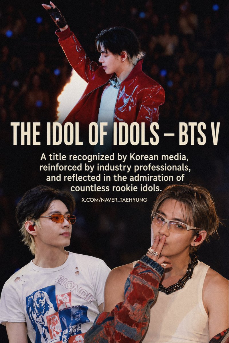 naver_taehyung's tweet photo. IDOL OF IDOLS V
Recognized by Korean media. Reinforced by industry professionals. Reflected by the next generation of idols.

 MEDIA RECOGNITION
2021, StarNews Korea referred to Kim Taehyung as "Idol of Idols" (아이돌의 아이돌), recognizing his growing influence as more idols and trainees publicly named him their role model.
 
INDUSTRY RECOGNITION
SUGA of BTS (Suchwita, 2023):  "People around me (industry professionals) often tell me that you are an epitome of an idol " adding that trainees and rookie idols try to emulate V, saying
"so many idols saw you and thought 'I want to be like V' "
 Korea A Plan stage creators referred to V as "the idols' idol," with the event MCs acknowledging his renowned performance reputation.
 Entertainment journalist Moon Wansik repeatedly referred to V as "Idol of Idols" and "Representative Role Model of 4th-Generation Idols."

IDOLS AND TRAINEES WHO CITED V AS THEIR ROLE MODEL
TXT (Beomgyu) • ENHYPEN (Jungwon, Sunghoon, Jake, Jay, Sunoo) • ATEEZ (Yeosang, Mingi) • CRAVITY (Serim, Jungmo, Hyeongjun) • TREASURE (Haruto) • THE BOYZ (Younghoon) • CIX (BX) • Golden Child (Jangjun, Jaehyun) • Wanna One (Park Jihoon) • WEi (Kim Yohan) • Kim Wooseok •AHOF (JL) • JASPER (Santa) • 7 trainees from Mnet's Boys Planet 2 • and many more.

Juhoon (BIGHIT's boy group CORTIS) revealed he performed V's "Slow Dancing" as his audition song during his trainee days.

IDOL OF IDOLS V 
#TAEHYUNG #BTSV #태형 #뷔