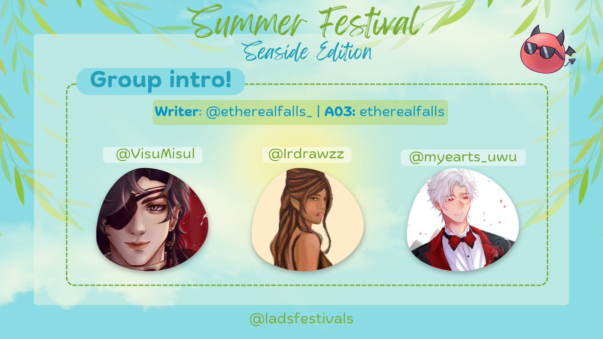 LADSFestivals's tweet photo. 𓇼 ⋆.˚ 𓆉 𓆝 𓆡⋆.˚ 𓇼

Introducing our Festival's Sylus Group 2!

❤️Writer: @EtherealFalls_ 
❤️Artist: @VisuMisul 
❤️Artist: @irdrawzz 
❤️Artist: @ myearts_uwu (Insta)

They're coming together to create beautiful creative works for our dear Boss man~

#ladseasidefest #sylus https://t.co/AN4kDShuEM
