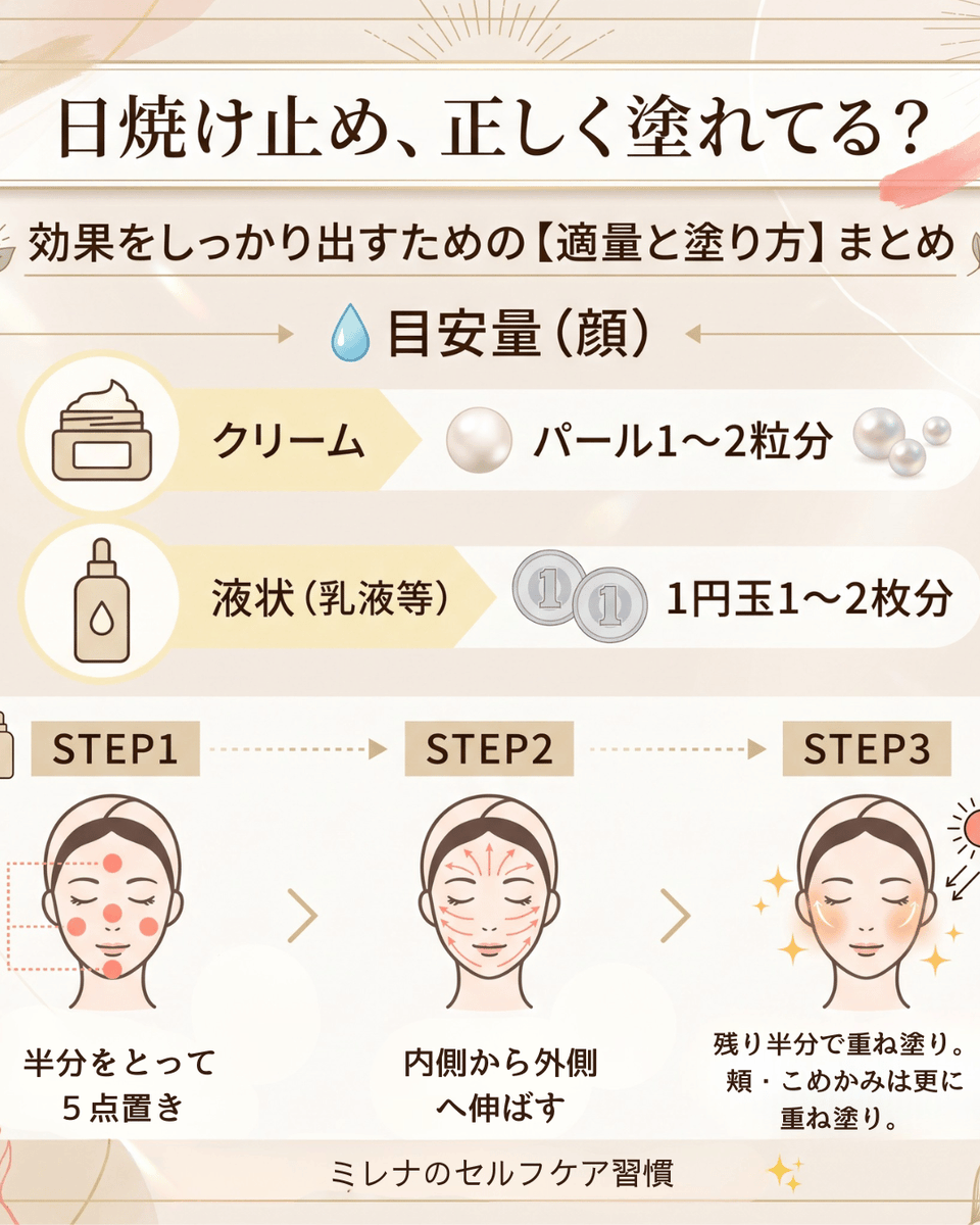 meina_fang's tweet photo. 日焼け止め、正しく塗れてる？
今の時期の紫外線量は、なんと冬の約4倍😱 
実に7割以上の人が、必要な量の「半分以下」
しか塗れていないのが事実…！

毎日のUV対策の参考にしてみてください✨ 
「2〜3時間ごとの塗り直し」も忘れないでね💡

参考資料
紫外線環境保健マニュアル（環境省）
#日焼け止め 
＃紫外線対策
＃コスメコンシェルジュ