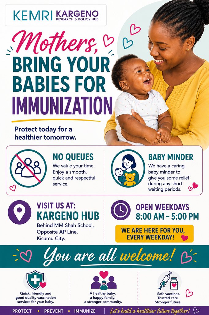 KarGenoResearch's tweet photo. Routine childhood immunization is one of the safest and most effective ways to protect children against vaccine-preventable diseases. 

At KEMRI Kargeno Research &amp; Policy Hub, we are committed to providing quality, friendly immunization services in a welcoming environment. https://t.co/bvwwWRMYiw