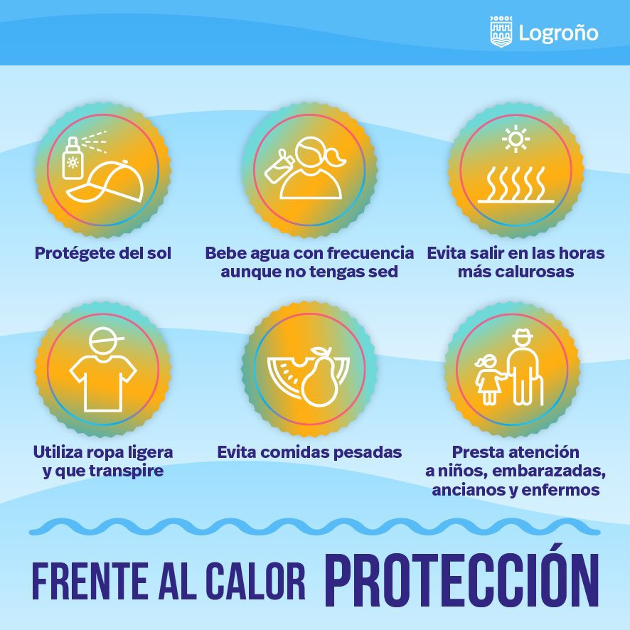 AytoLogrono's tweet photo. 🌞😎| Durante estos días se prevén temperaturas elevadas.

🙌 Recuerda estas medidas de protección frente al calor y presta especial atención a las personas más vulnerables, como personas enfermas crónicas o mayores.

👉 Más consejos para hacer frente al calor, aquí: https://t.co/m2h9Qn45E5