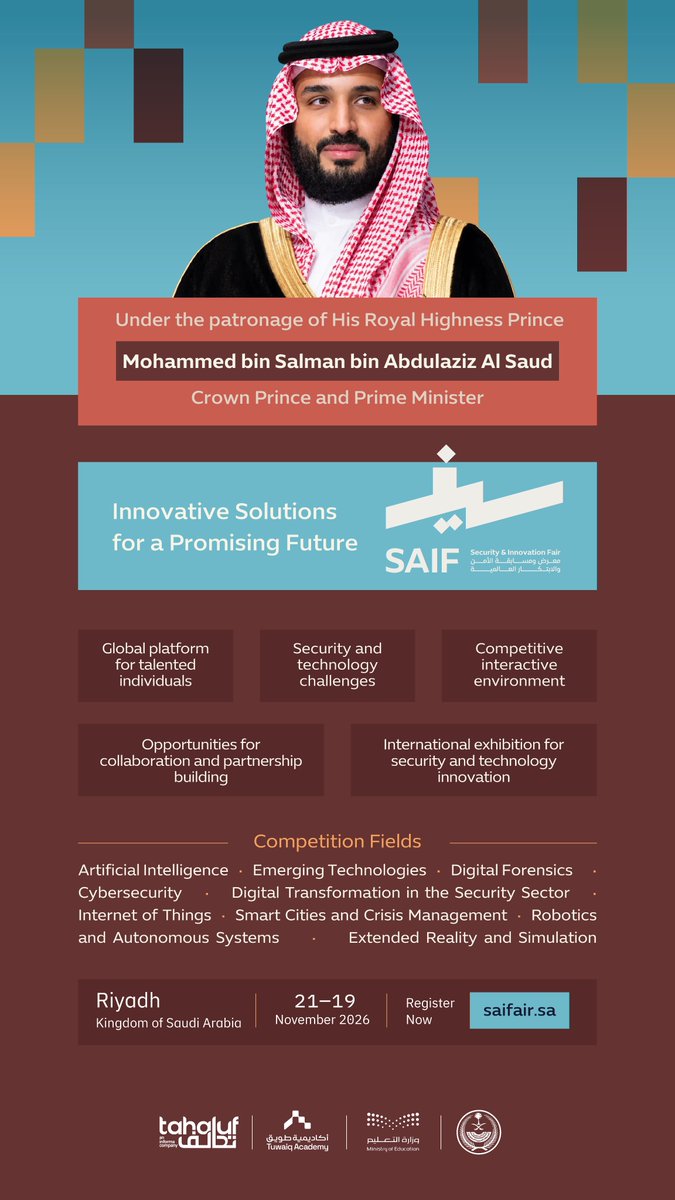 saifair_sa's tweet photo. The world's largest competition in security and technology!
Registration is now open for the SAIF International Security &amp; Innovation Fair and Competition, as part of @GSTSOfficial 

Register now: https://t.co/hr9obQFeGN
#SAIF2026 https://t.co/EPAQqtrLt8