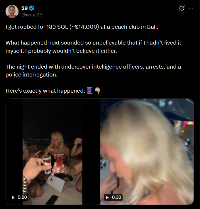 thisisksa's tweet photo. The Bali 189 $SOL story gets even crazier.

The guy who allegedly lost 189 $SOL ($14K) after handing his unlocked phone to a stranger isn't just some random CT user.

Multiple public investigations have linked him to "29" (wrss29), an identity allegedly associated with Ronnie Magrehbi.

The same persona has been publicly tied to account hijacks, fake charity token allegations, the infamous Uber livestream rug, and DOJ fraud charges.

If those links are accurate... this has to be one of the most ironic plot twists in crypto.

But still never hand an unlocked phone with your wallet on it to a stranger.