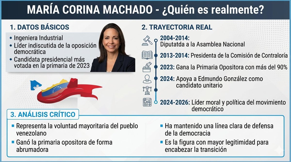 libertadvzla28j's tweet photo. 🚨 MARÍA CORINA MACHADO: La líder que el pueblo eligió

No es una figura impuesta.  
No llegó por designación.  
Es la líder que ganó la primaria opositora con más del 90% de los votos.

Mientras otros negocian con el régimen y buscan figuras de bajo perfil, María Corina representa la voluntad real del pueblo venezolano.

Ella ha sido la voz más clara y consistente contra la dictadura.  
Su liderazgo es la garantía de una transición seria, legítima y con rumbo.

**Edmundo González ganó el 28 de julio de 2024 con más de 7 millones de votos.**  
María Corina es quien debe encabezar junto a él cualquier proceso real de cambio.

Basta de imponer “segundas Delcys”.  
El pueblo ya eligió.

Es AHORA O NUNCA.

#LeyesPreChavezYa #AhoraONunca #MariaCorina #28JNoSeOlvida

@MariaCorinaYA @realDonaldTrump @marcorubio @usembassyve @SenRickScott @MaElviraSalazar