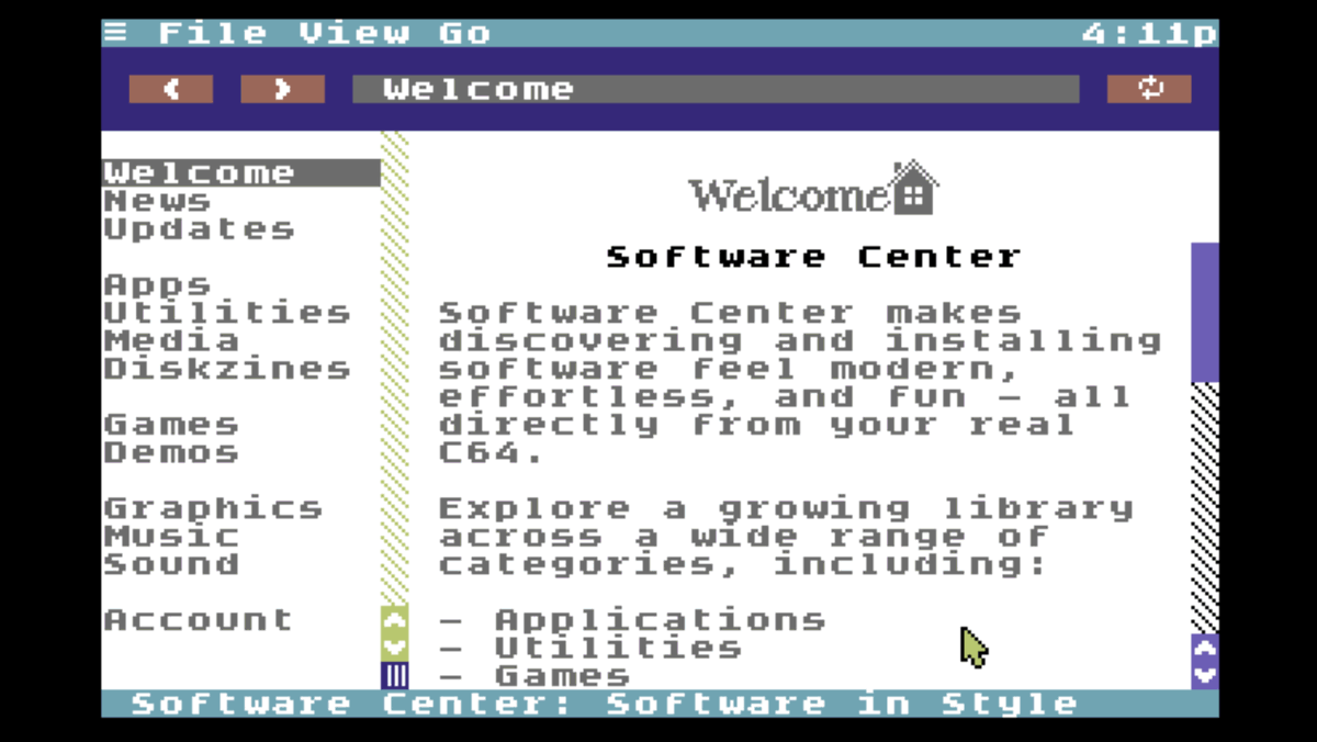 LundukeJournal's tweet photo. The Commodore 64 now has an online, graphical, software center (for downloading software, zines, etc.).

For a 44 year old computer.

Seriously.

This was just added to the 1.09 update to "C64 OS".  A full GUI desktop operating system with a networking stack, virtual desktops... the works.

Wild.

The developer (@gregnacu) sells C64 OS on an SD card, and bundles it with physical, 50 page manual.  I love that.

https://t.co/pg1elCO0MS