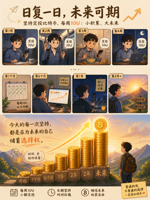 delegacy0's tweet photo. 传统行业打工人，去年开始定投比特币，最大浮亏32%

2025年6月6日开始，每周五早上八点定投10U的 bitcoin:native 
2026年6月1日，开启定投 ethereum:native 每周6U，7月10日开始，比特币定投从每周10U改为每周12U。目前比特币浮亏24%，最大浮亏32%，ETH目前浮盈15%。

我24年大学毕业，进入了国内一制造企业从事开发工作，四线小城，生活成本不高，薪资也不高，我不懂交易，也不敢玩合约，更没有辞职All in的勇气，只能在存够两到三年必要的生活费以后，开启比特币定投，目前工作不高，只能拿可支配收入的10%来定投，后续如果工资涨了，我会适当调整定投金额，只要我还在工作，我就一定会坚持定投。

我不奢望能靠加密货币实现财富自由，只看好比特币的长期价值，把他当作一种理财的手段，和时间做朋友，在浮躁的加密货币市场中，做一个"守旧派"