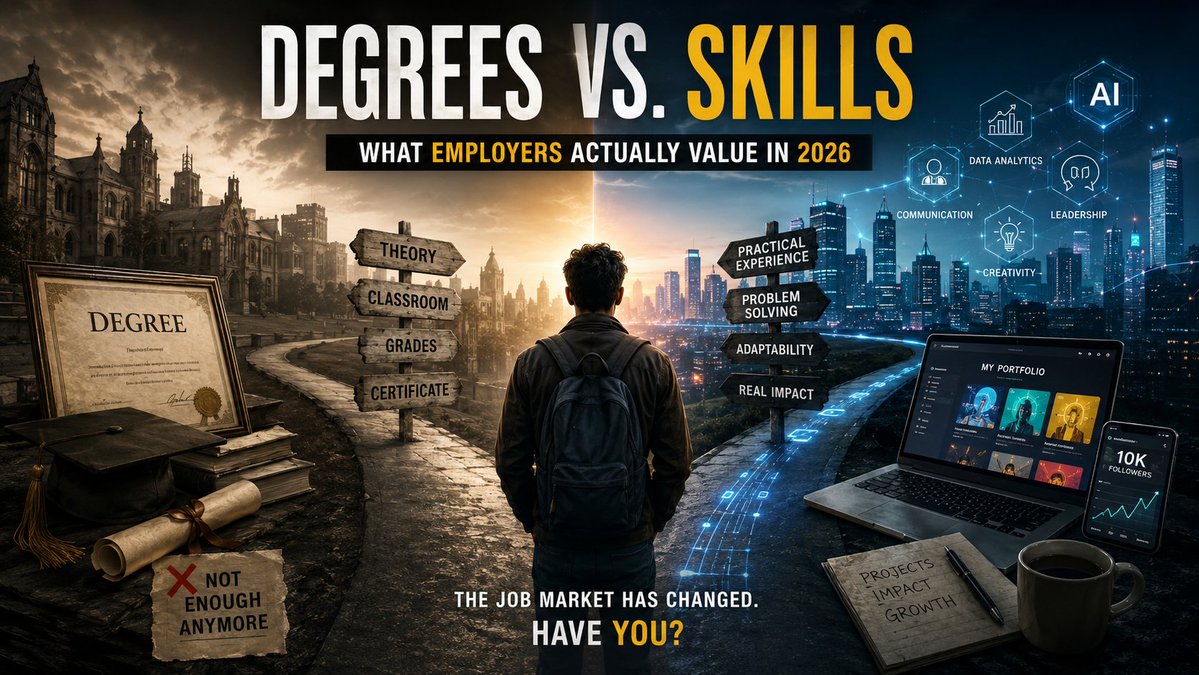 Aakanks28035992's tweet photo. Check out the latest article in my newsletter: Degrees vs. Skills: What Employers Actually Value in 2026 https://t.co/wlz1NP2P02 via @LinkedIn https://t.co/iC3YXKmIhG