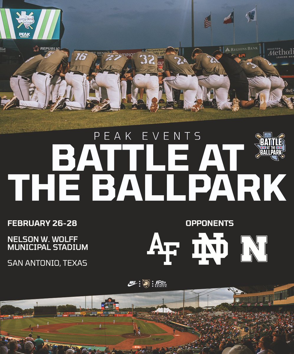 ArmyWP_Baseball's tweet photo. The stars at night, are big and bright!

We're heading back to the @PeakDotEvents Battle at the Ballpark in 2027, for a Lone Star-sized weekend against Air Force, Notre Dame and Nebraska!

Game schedules, tickets and broadcast information will be released at a later date. https://t.co/jLOH19dbqi