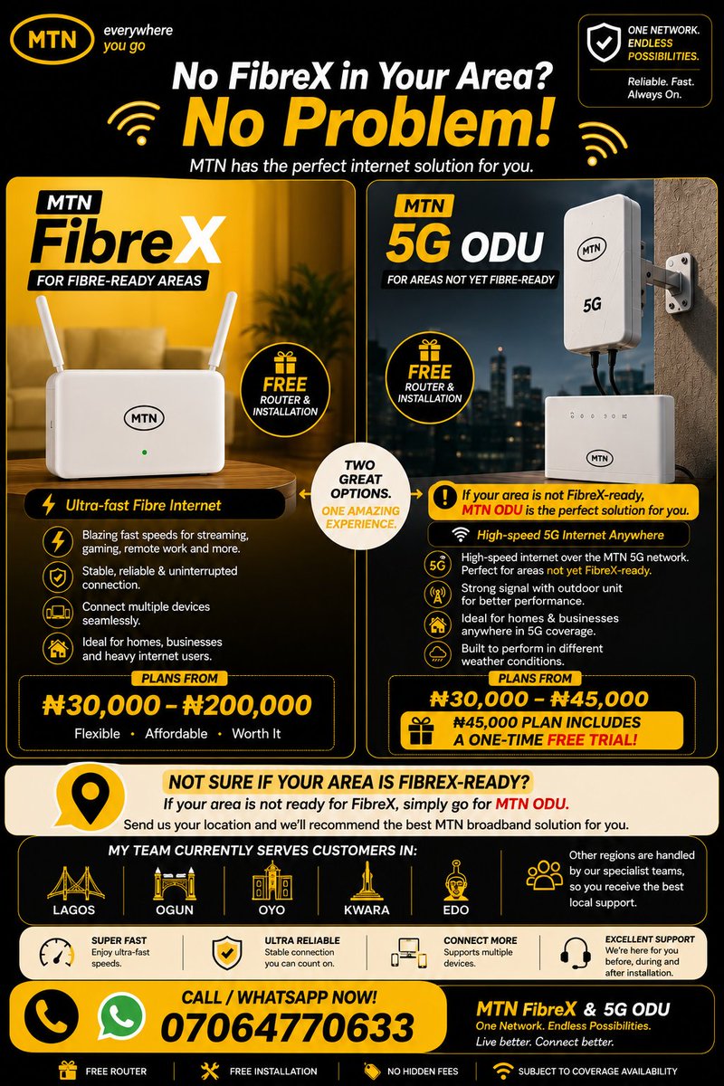 fibrexagent's tweet photo. For areas that are not fibre ready yet, MTN ODU should be your go to. It does exactly the same thing MTN FibreX does. It's also unlimited for one full month https://t.co/aRGBb76Dzo