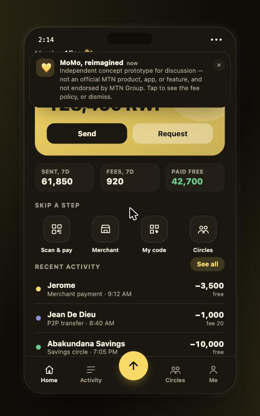 Dominickmpano's tweet photo. Love the USSD, but we deserve better. Here is a mockup for a faster, feature-rich MoMo app. @MTNRwanda, what do you think? 

>Link to a working prototype in the comments

Disclaimer⚠️: Prototype for discussion, not an official MTN product, app, or feature, and not endorsed by MTN https://t.co/X8YEAQFpCp