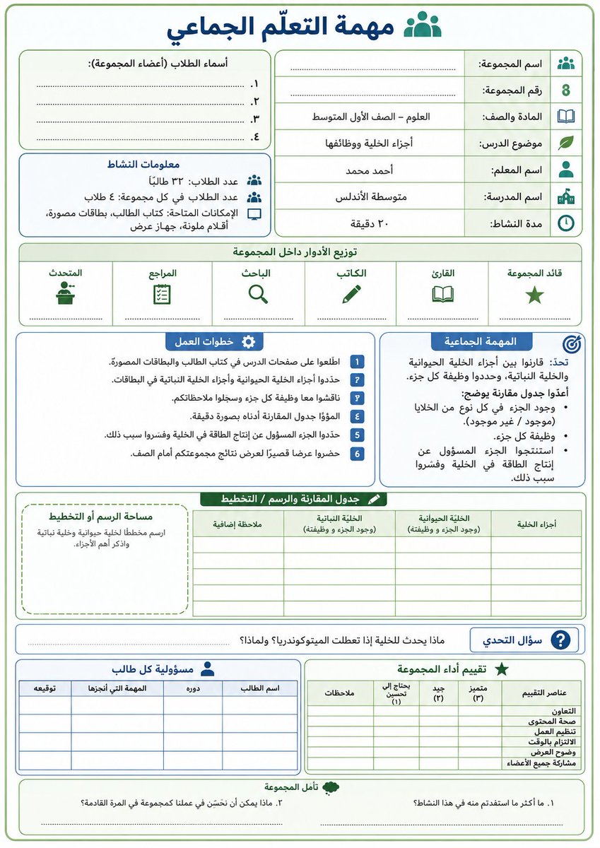 ali_alqhtani05's tweet photo. ورقة واحدة لكل مجموعة… وتتحول الحصة إلى تعاون فعلي بدل طالب يحل والبقية يتفرجون 😅
هذا البرومبت ينشئ ورقة عمل جماعية توزّع الأدوار، وتنظم المهمة، وتقيس مشاركة كل طالب بوضوح.

طريقة الاستخدام:

١. افتح أداة إنشاء الصور بالذكاء الاصطناعي.
٢. انسخ البرومبت كاملًا.
٣. استبدل البيانات الموجودة بين الأقواس.
٤. اطبع نسخة واحدة لكل مجموعة.
٥. وزّع الأدوار على الطلاب قبل بدء النشاط.

#البرومبيت جاهز للنسخ في التعليق الأول

#وزارة_التعليم
#التوجيه_الطلابي
#النشاط_الطلابي
#التعلم_التعاوني