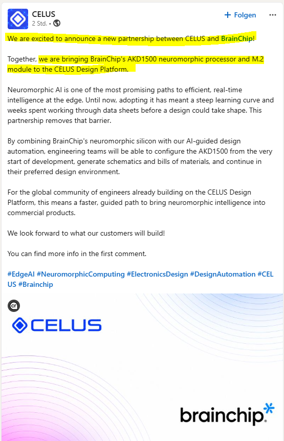 MIAM_Schwan's tweet photo. #CELUS announces the new partnership with #BrainChip.

"Together, we are bringing BrainChip's AKD1500 neuromorphic processor and M.2 module to the CELUS Design Platform."
Read more: ⬇️
https://t.co/qM6a6LstDh

@BrainChip_inc #Akida https://t.co/pJDrv29UbN