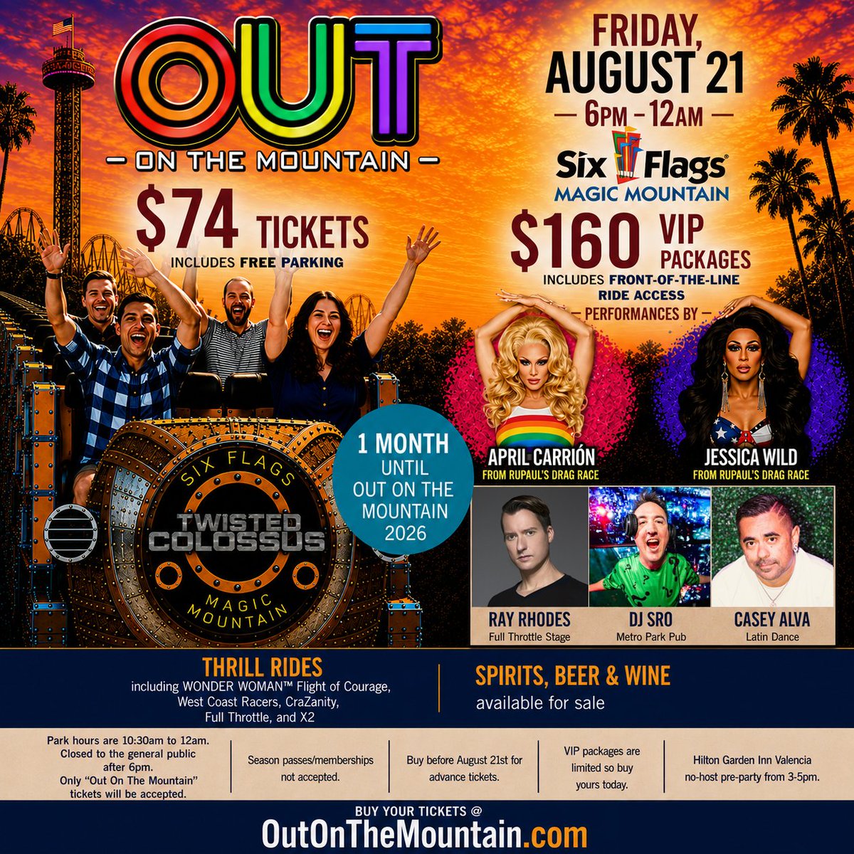 OutMM's tweet photo. Just 30 days until @OutMM with @ApriLcarrion @JessicaWild88 from @RuPaulsDragRace, @DJRayRhodes, @djsro, @DJCaseyAlva, and more. Don't miss out this #lgbtq party at @SFMagicMountain. Tickets: https://t.co/ScFLq4CVuG 

#gaysixflags #lgbtqpride https://t.co/IgTqEu6zZJ