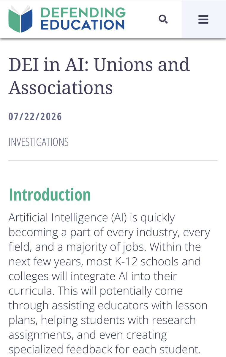 DefendingEd's tweet photo. 🚨 NEW REPORT: AI is coming to classrooms nationwide — but who's shaping how it's used?

Our latest investigation reveals how top teachers' unions are pushing to make DEI ideology a core part of AI in education. 👇 https://t.co/lr58czHHfz