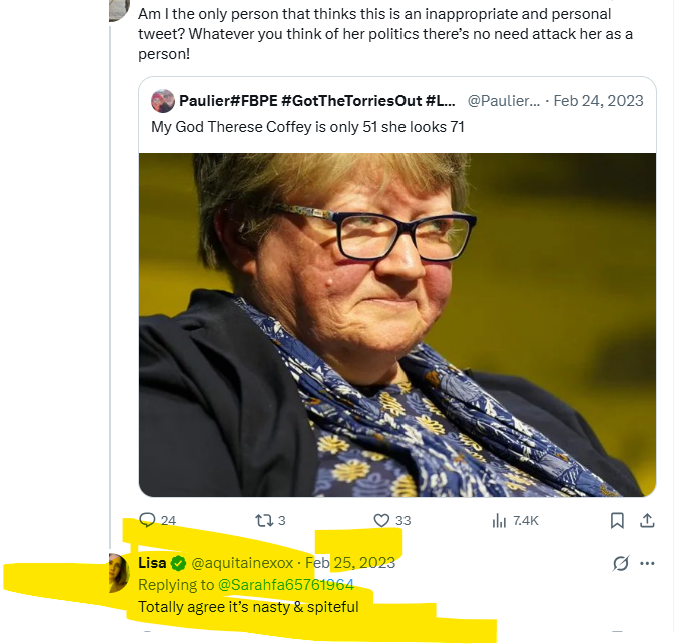 smkk79's tweet photo. @aquitainexox You thought it was "nasty &amp; spiteful" when Theresa Coffey's appearance was the subject of a tweet. But you're then happy to be nasty &amp; spiteful about another woman's appearance or choice of clothing,  just because she doesn't share your political view, is that right? https://t.co/Cdz2jfNCWA