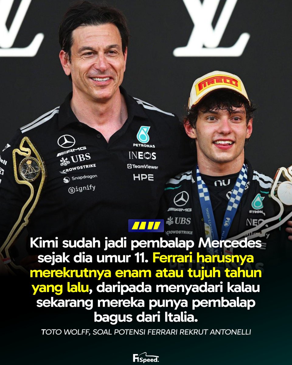 f1speed_indo's tweet photo. 🚨 Sadari bahwa Kimi Antonelli adalah pembalap Italia dan sewaktu-waktu pasti diincar oleh Ferrari, Toto Wolff berikan sindiran kalau skuad Maranello seharusnya merekrutnya sejak enam atau tujuh tahun yang lalu.

Mercedes mampu menemukan talenta Antonelli dan merekrutnya sebagai pembalap akademi sejak usianya masih 11 tahun atau ketika dia masih balapan di karting junior.

Toto Wolff menyindir Ferrari yang ternyata baru sadar kalau ada pembalap Italia yang bagus seperti Kimi setelah direkrut oleh Mercedes.

Terakhir kali ada pembalap Italia yang ikut balapan Grand Prix bersama Ferrari adalah Giancarlo Fisichella saat gantikan Felipe Massa yang cedera pada musim 2009.

Sekarang Antonelli memang masih milik Mercedes. Tapi sebagai pembalap Italia, siapa sih yang tidak ingin balapan di F1 dengan seragam berbendera Ferrari suatu saat nanti? 😌😌