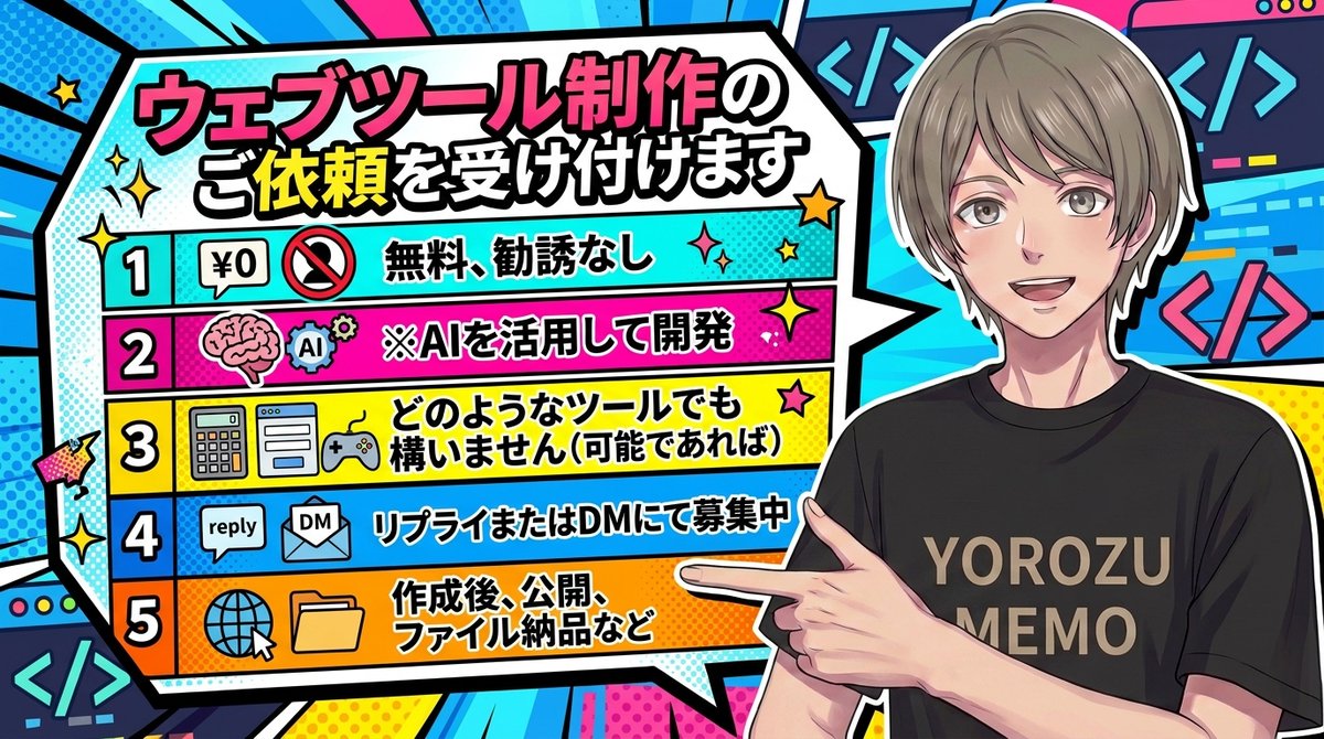 yorozumemo's tweet photo. AIで開発していく中で自分で作りたいものはだいたい作成できたので、こういったツールを作ってほしいというものを募集します！
リプライかDMでお伝えください。
作成可能なものは作成した後に公開したりファイルをお渡しします！
お気軽にご相談ください！
無料で承ります。
#よろずツール開発 https://t.co/b4sMFWtvhn